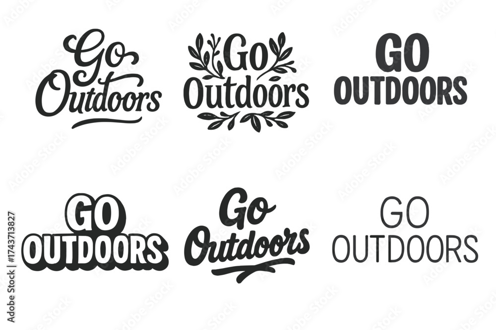 Fototapeta premium Harmonious Lettering Variations. Go Outdoors. Set lettering. harmonious lettering variations of the same emblematic concept, each with different artistic