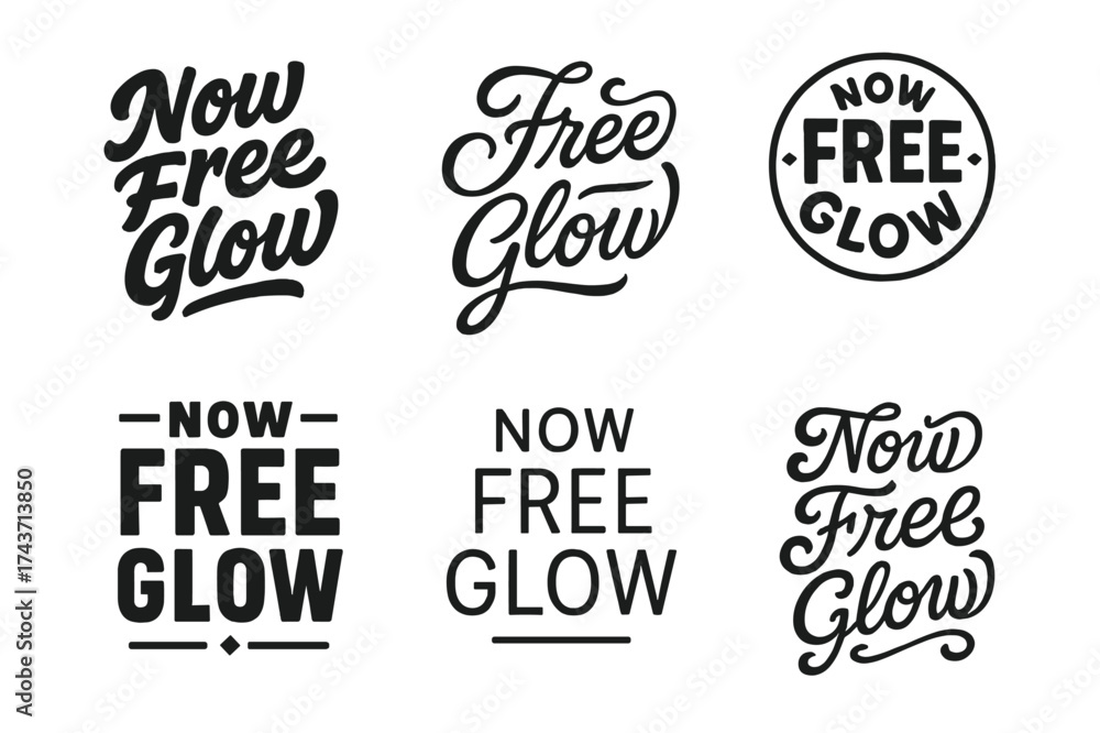 Fototapeta premium Creative Lettering Grid. Now Free Glow. Set lettering. harmonious lettering variations of the same emblematic concept (Bold hand-lettering with playful
