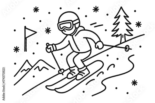 Mountain Slope Adventure. Skiing or Snowboarding Down a Snowy Mountain Slope. Hand-drawn doodle illustration skiing or snowboarding down a snowy mountain slope