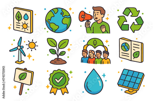 Colorful Climate Icons. Climate awareness. Colorful isometric vector icons set of climate awareness: informational posters, globe, activist speaker, recycling