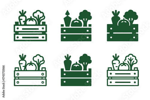 Local Market Logos. local food markets. Set Logo of local food markets: Vegetable Crate. harmonious logo variations of the same emblematic concept, each with