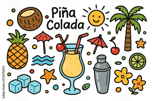 Tropical Drink Doodle. Pina Colada. Colorful Hand-drawn doodle Children illustration Coconut, pineapple, cocktail glass, straw, umbrella, cherry, ice cubes,