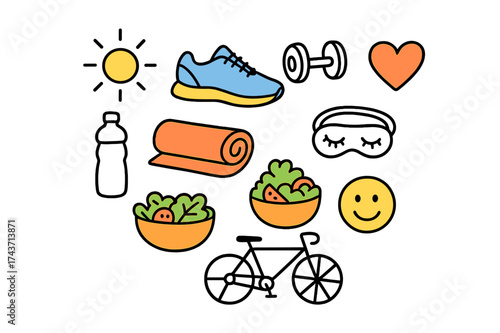 Healthy Living Icons. Healthy Lifestyle. Hand-drawn doodle illustration running shoe (colored), dumbbell, yoga mat (colored), water bottle, salad