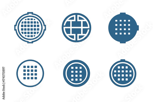 Logo Variations Grid. Municipal services improvement. Set Logo of Municipal services improvement: Sewer manhole cover. harmonious logo variations of the same