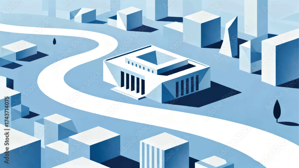 Naklejka premium Illustration Of A Simple Modern Government Building With The White Nile River Surrounding The City Vector Design Template