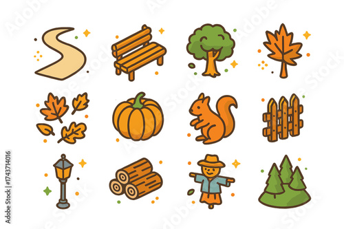 Seasonal Icons Collection. Seasonal walk. Colorful isometric vector icons set of seasonal walk: winding path, park bench, oak tree, maple tree, fallen leaves,