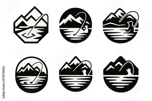 Lake Fishing Logos. Fishing at the lake. Set Logo of lake and mountains: water surface with fishing line cast. harmonious logo variations of the same