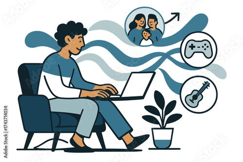 Remote Work Harmony. Remote harmony. A person works on a glowing laptop at home while abstract waves connect to floating icons of family and hobbies. Blended