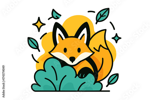 Curious Fox in Glow. Curious Fox. A fox peeking out from glowing bushes, abstract floating stars and leaves orbiting around to show mystery. Modern flat-line