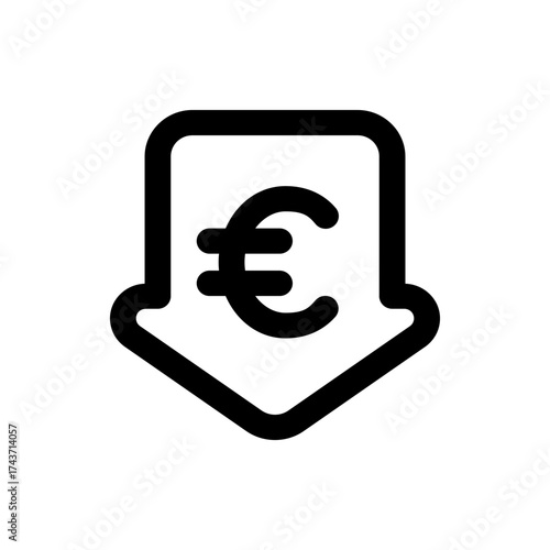 Black euro symbol inside downward pointing arrow in simple graphic representation on a white background