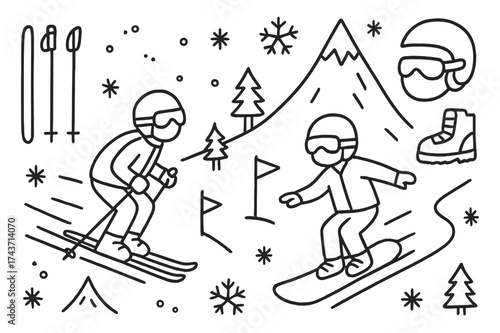 Winter Sports Adventure. Skiing or Snowboarding Down a Snowy Mountain Slope. Hand-drawn doodle illustration skiing or snowboarding down a snowy mountain slope