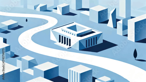 Illustration Of A Simple Modern Government Building With The White Nile River Surrounding The City Vector Design Template