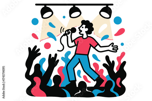 Dynamic Live Performance. Live performance. A singer standing under glowing stage lights, microphone radiating waves of sound. Silhouettes of the crowd with