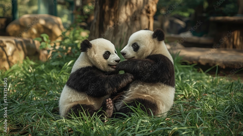 Fototapeta premium Two playful pandas cuddling in the grass
