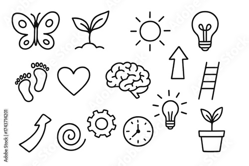 Transformation Doodle Icons. Transformation. Hand-drawn doodle illustration transformation butterfly, sprout, sun, star, arrow up, ladder, footprints, heart,