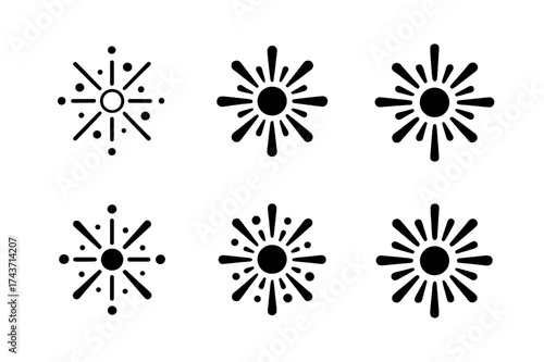 Radiant Logo Variations. Light particles bursting from a source. Set Logo of Science: radiant burst icon. harmonious logo variations of the same emblematic