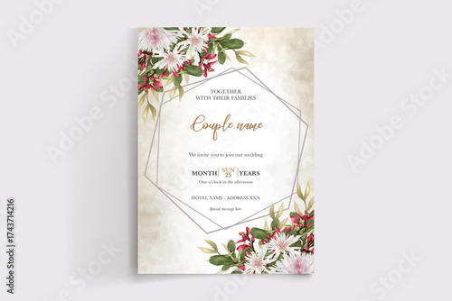 WEDDING INVITATION FRAME WITH FLOWER DECORATIONS AND FRESH LEAVES