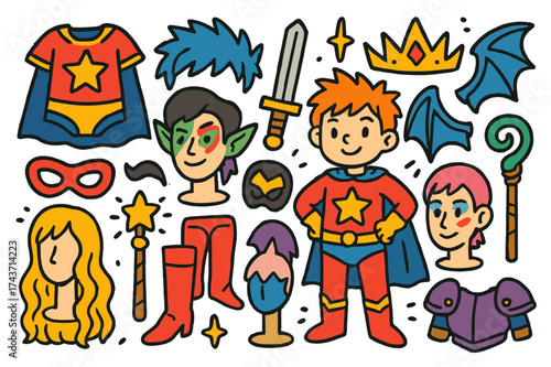 Cosplay Fantasy Icons. Cosplay. Colorful Hand-drawn doodle Children illustration Superhero costume, anime wig, sword, mask, magic staff, elf ears, character
