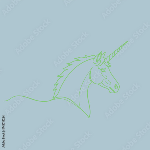 Elegant unicorn head with a flowing mane and a spiraled horn, depicted in a minimalist line art style on a soft