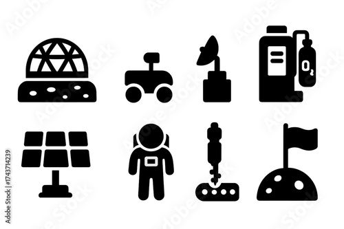 Lunar Base Icons. Lunar Base. Filled icon set of Lunar Base: moon habitat dome, lunar rover, satellite dish,