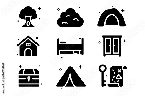 Secret Spots Icons. Secret Spots. Solid icons set of Secret Spots: tree hollow, bush, cave entrance, attic, under bed, closet door, chest, blanket fort, tent,