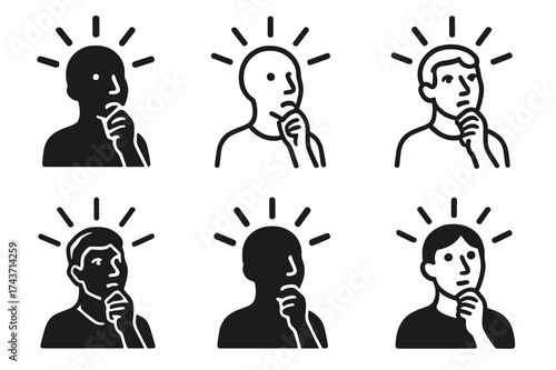Contemplative Thoughts Logos. A person with a thoughtful expression, looking up as if contemplating their thoughts. Set Logo of Emotion: person thinking with