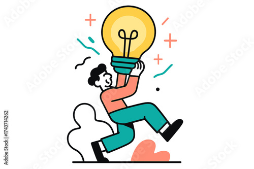 Electric Inspiration. Electric Energy. A character lifting a huge glowing lightbulb, abstract sparks floating upward like inspiration. Modern flat-line