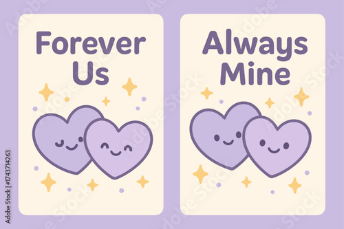 Kawaii Heart Banners. Love. Two vertical A6 banners with safe margins, centered composition, no elements touching edges, kawaii style, lavender and cream,