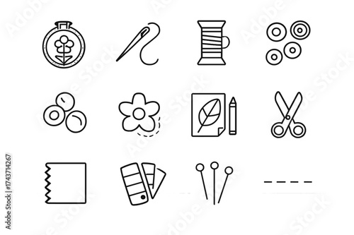 Embroidery Icon Set. Embroidery and detailing. Line icon set of Embroidery and detailing: embroidery hoop, needle, thread, sequins, beads, applique, pattern