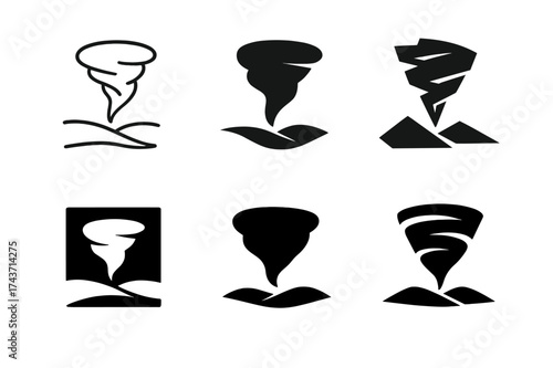 Tornado Logo Variations. Tornado-prone regions and disaster preparedness. Set Logo of tornado silhouette: swirling funnel cloud over landscape. harmonious logo