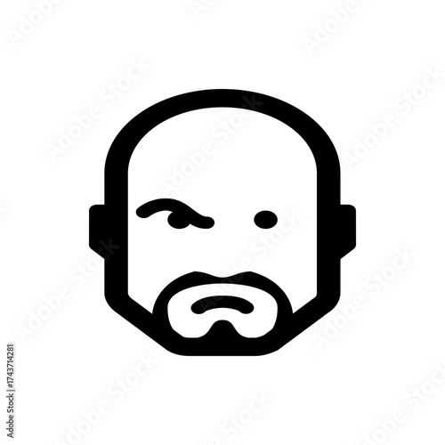 Illustration of a bald man with a beard and a mole on his face in black and white minimalist style design