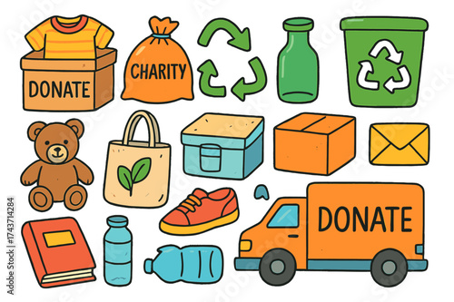 Colorful Donation Icons. Donation and recycling. Colorful Hand-drawn doodle Children illustration Donation and recycling donation box, charity bag, recycling