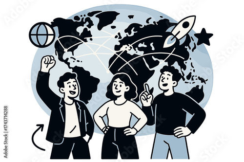 Global Vision Ambitions. Global vision. Startup team standing under glowing world map with network lines. Floating icons of globe, rocket, and star showing