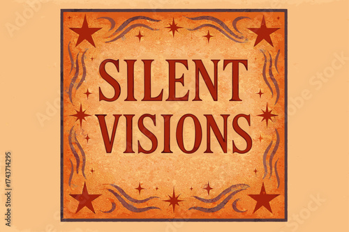 Silent Visions Poster. Silent Visions ? Poster Layout: tall serif lettering with embossed look; framed centered arrangement; textured pastel-paper background;