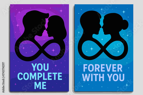 Soulmate Connection. Soulmates. Two vertical A6 banners, modern, neon purple and cyan backgrounds, two silhouettes forming an infinity loop with stars, first