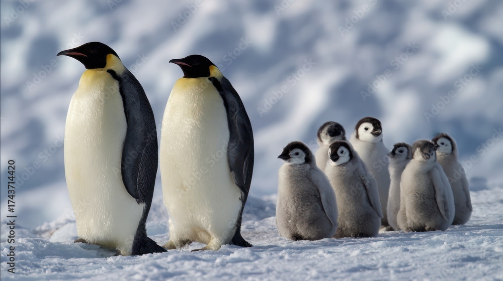 Obraz premium Penguins Family in Antarctic Landscape with Snowy Backdrop and Natural Light