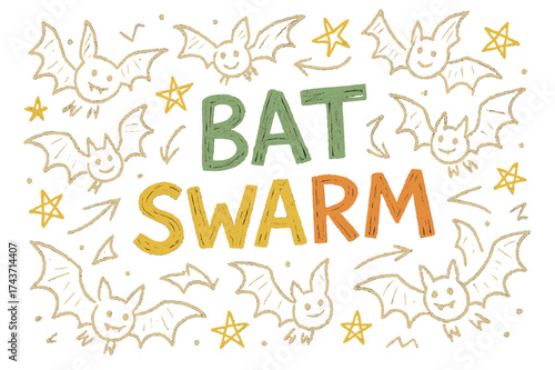 Playful Bat Doodle. Bat Swarm ? Doodle / Sketch, playful rough hand-drawn strokes, tilted casual layout, doodle bats, arrows, and stars scattered, **colored