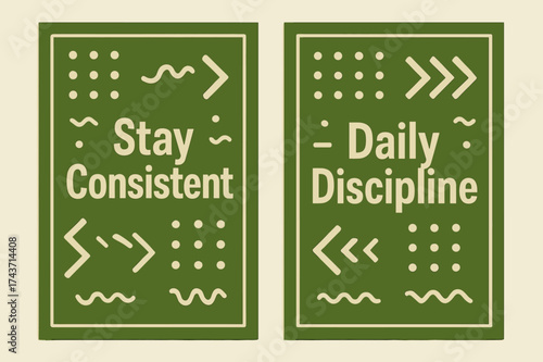 Motivational Banners Display. Inspiration. Two vertical A6 banners with safe margins, centered composition, no elements touching edges, memphis style, olive