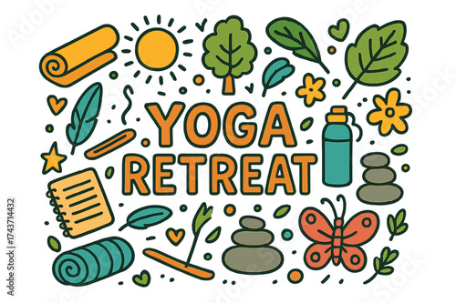 Yoga Retreat Doodles. Yoga Retreat. Hand-drawn doodle illustration of Yoga Retreat. yoga mat, sun, tree,