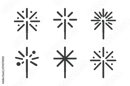 Sparkler Logo Grid. Fireworks display. Set Logo of sparkler: Stylized detail, Iconic shape, Minimal outline, Flat solid, Abstract geometric, Negative space.