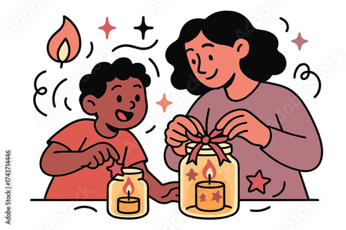 Cozy Candle Crafting. Candle jars. Parent and child glowing as they decorate glass jars with stars and ribbons. Floating flame, sparkle, and bow icons showing
