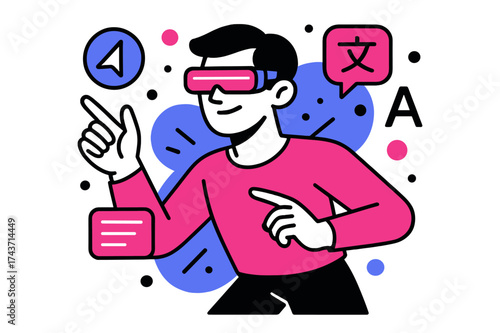 AR Visionary Style. Smart glasses. A character wearing glowing AR glasses, abstract floating symbols of navigation, text, and translation hovering in the air.