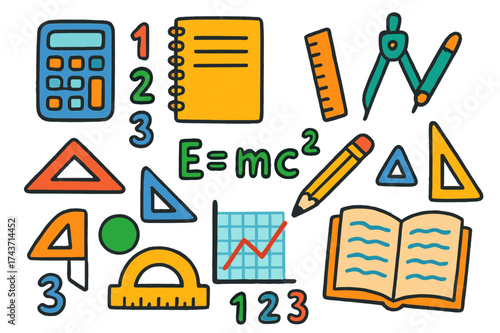 Fun Math Doodles. Formulas. Colorful Hand-drawn doodle Children illustration Calculator, notebook, numbers, ruler, compass, equation, pencil, square, triangle,