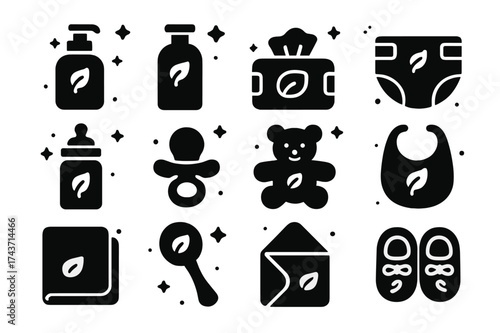Organic Baby Icons. Organic baby products. Solid icons set of Organic baby products: baby lotion, shampoo, wipes, diaper, baby bottle, pacifier, plush toy,