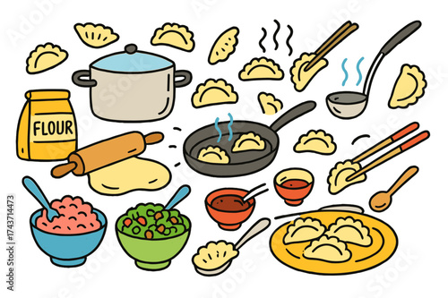 Dumpling Cooking Fun. Cooking Dumplings. Colorful Hand-drawn doodle Children illustration dumpling, pot, pan, steam, ladle, rolling pin, dough, flour, plate,