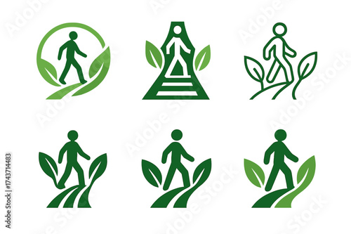Harmonious Eco Logos. Clean transportation alternatives. Set Logo of Clean transportation alternatives: Pedestrian & green corridor. harmonious logo variations