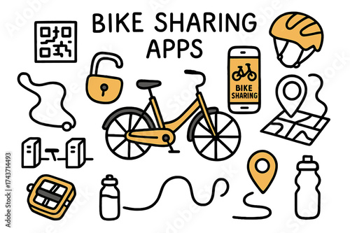 Colorful Bike Sharing Doodle. Bike Sharing Apps. Hand-drawn doodle illustration bicycle (colored), docking station, smartphone screen (colored), QR code, lock