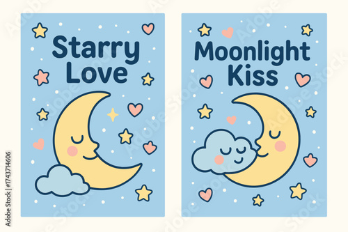 Starry Love Banners. Starry Love. Two vertical A6 banners with safe margins, centered composition, no elements touching edges, cartoon style, pastel blue and