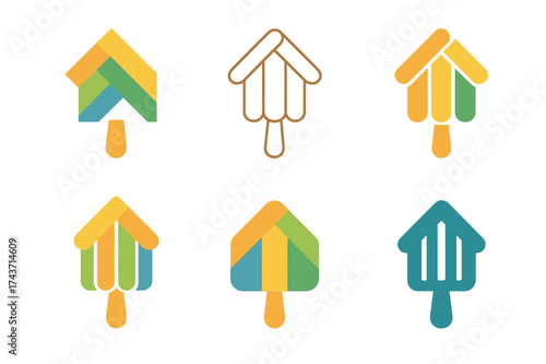 Art Workshop Logos. Summer art and craft workshops for kids. Set Logo of Summer art and craft workshops for kids: Popsicle stick crafts. harmonious logo