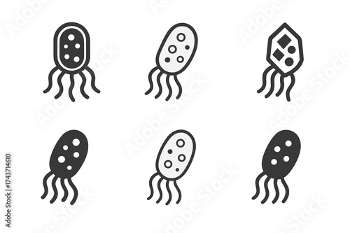 Diverse Microbe Logos. Microbe. Set Logo of Microbe: flagellated microbe. harmonious logo variations of the same emblematic concept, each with different